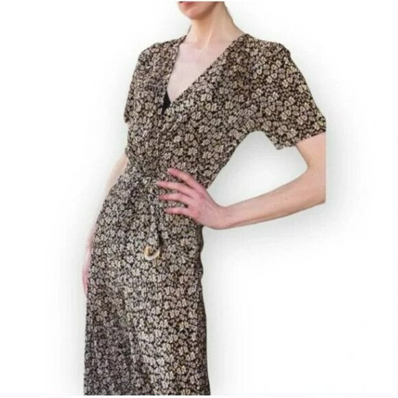 Zara Black & Yellow Floral Printed Crinkle Wide Leg Belted Jumpsuit Size Small - Picture 5 of 14